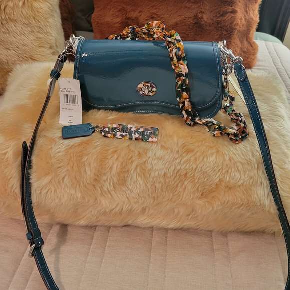 Coach Handbags - Coach Teal Patent Leather Shoulder Bag with Floral Chain Strap